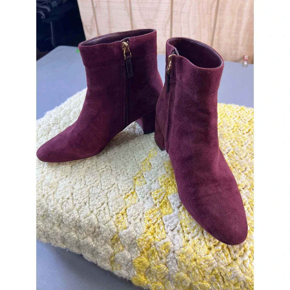 BOHO‎ Ralph Lauren Burgundy Suede Block Heel Ankle Boots Women's Size 7B Wynne